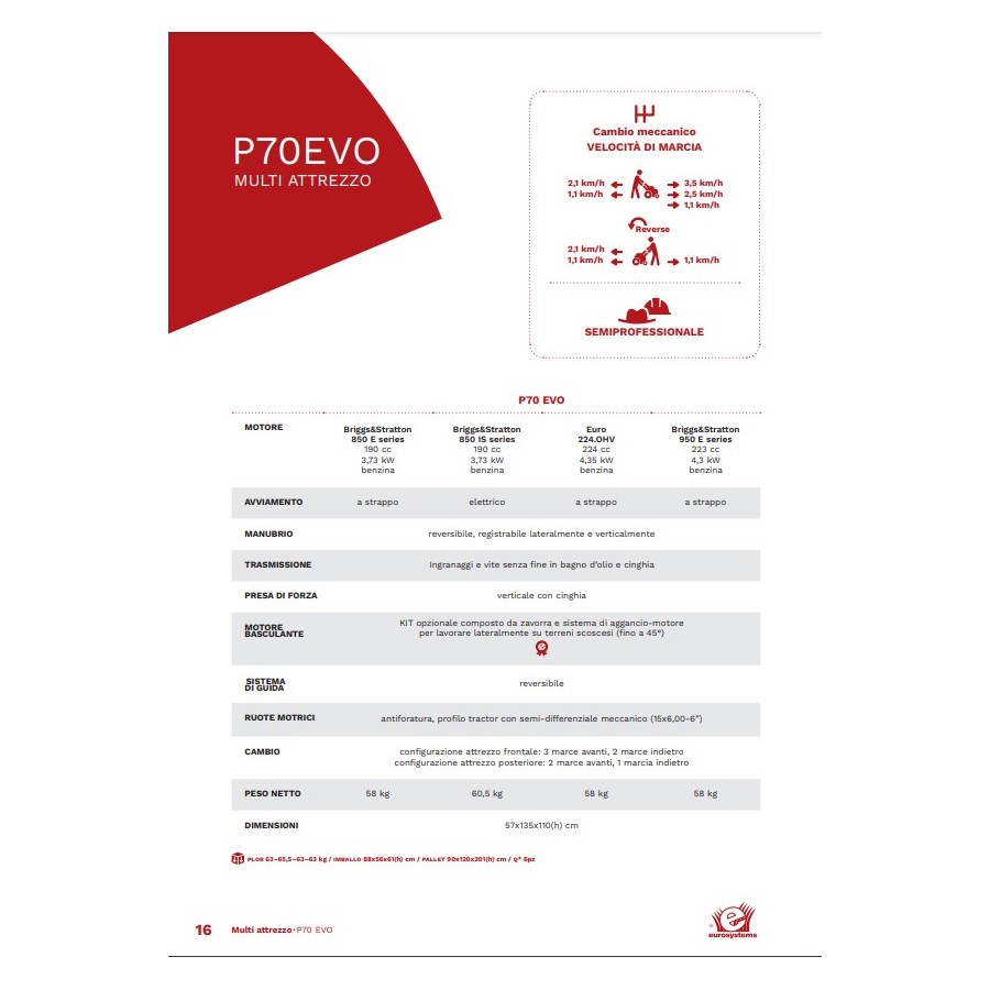 Eurosystems P70 - Corpo motocoltivatore multifunzionale con 5 motorizzazioni