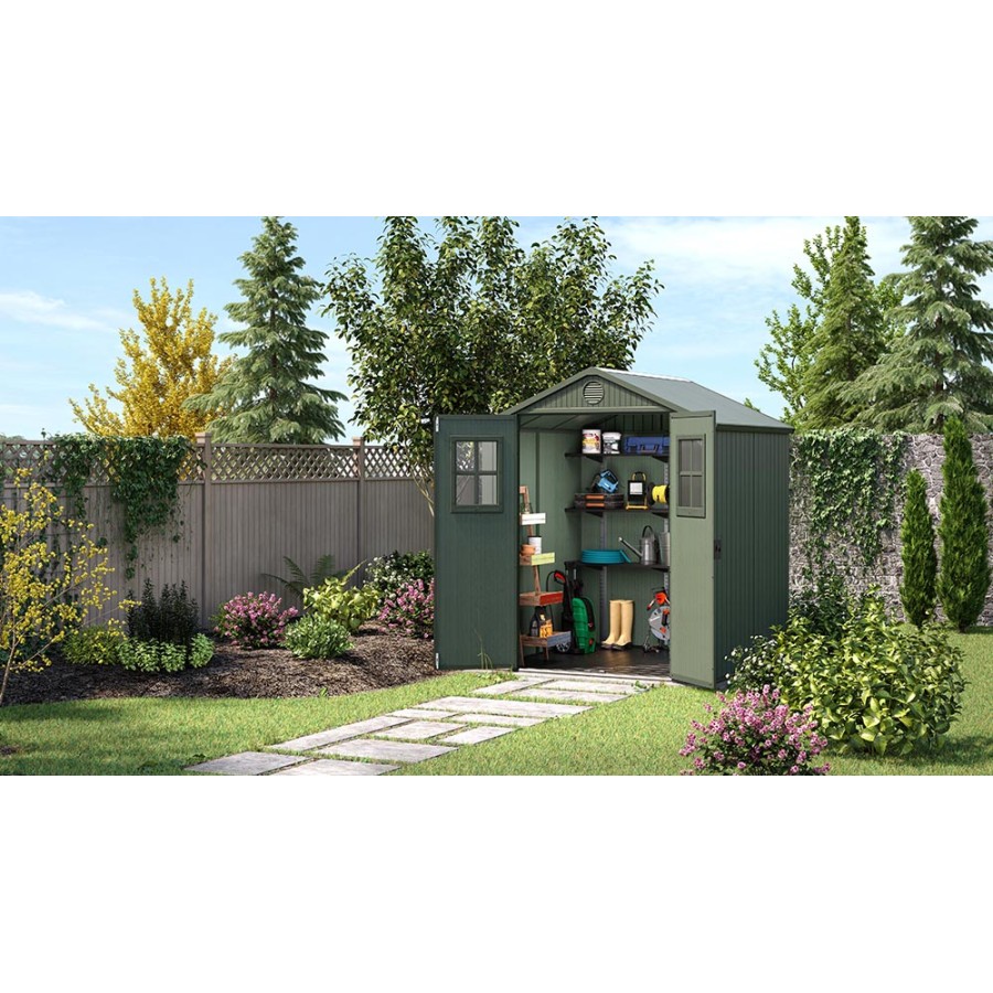 Keter - Casetta da Giardino Darwin 6x4, Finitura Effetto Legno, Colore Verde Salvia, 190x122x221H cm