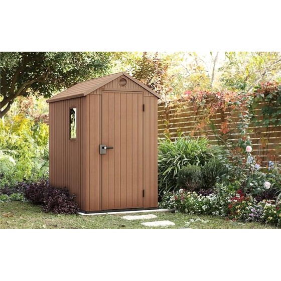 Keter - Casetta da Giardino Darwin 4x6, Finitura Effetto Legno, Colore Marrone, 125,8x184,5x205H cm