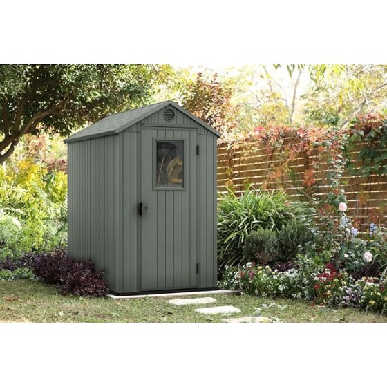 Keter - Casetta da Giardino Darwin 4x6, Finitura Effetto Legno, Colore Verde Salvia, 125,8x184,5x205H cm