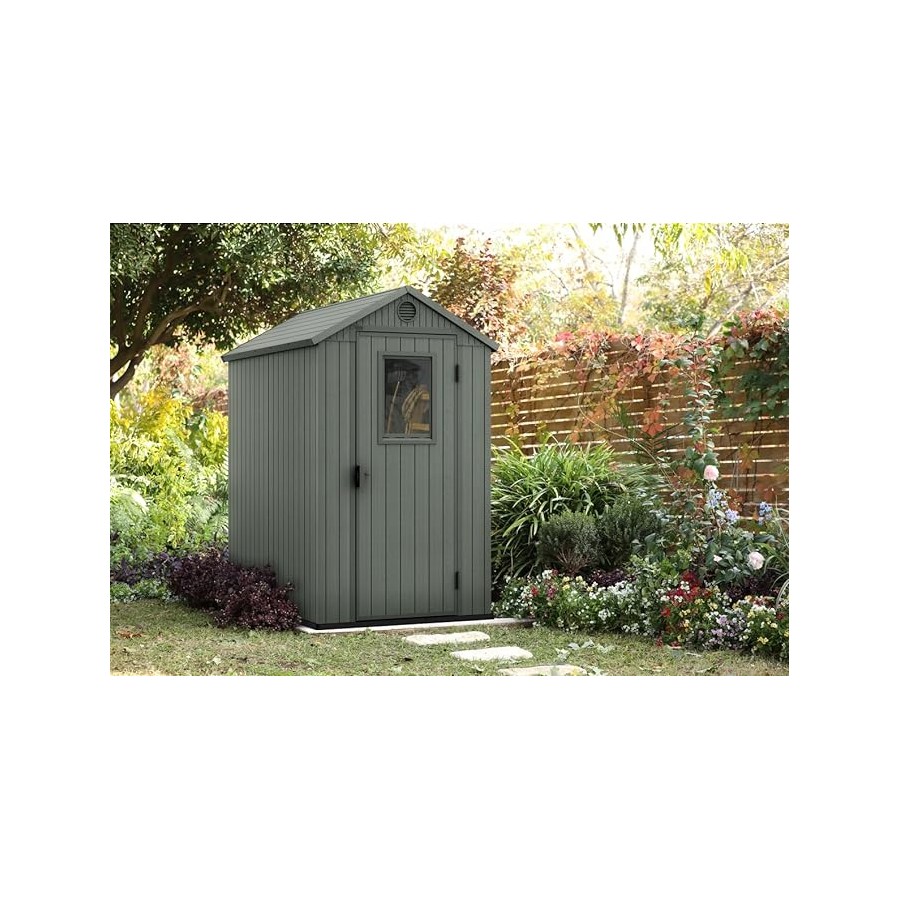 Keter - Casetta da Giardino Darwin 4x6, Finitura Effetto Legno, Colore Verde Salvia, 125,8x184,5x205H cm