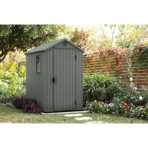 Keter - Casetta da Giardino Darwin 4x6, Finitura Effetto Legno, Colore Verde Salvia, 125,8x184,5x205H cm