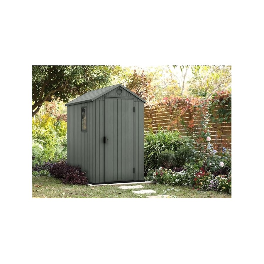 Keter - Casetta da Giardino Darwin 4x6, Finitura Effetto Legno, Colore Verde Salvia, 125,8x184,5x205H cm